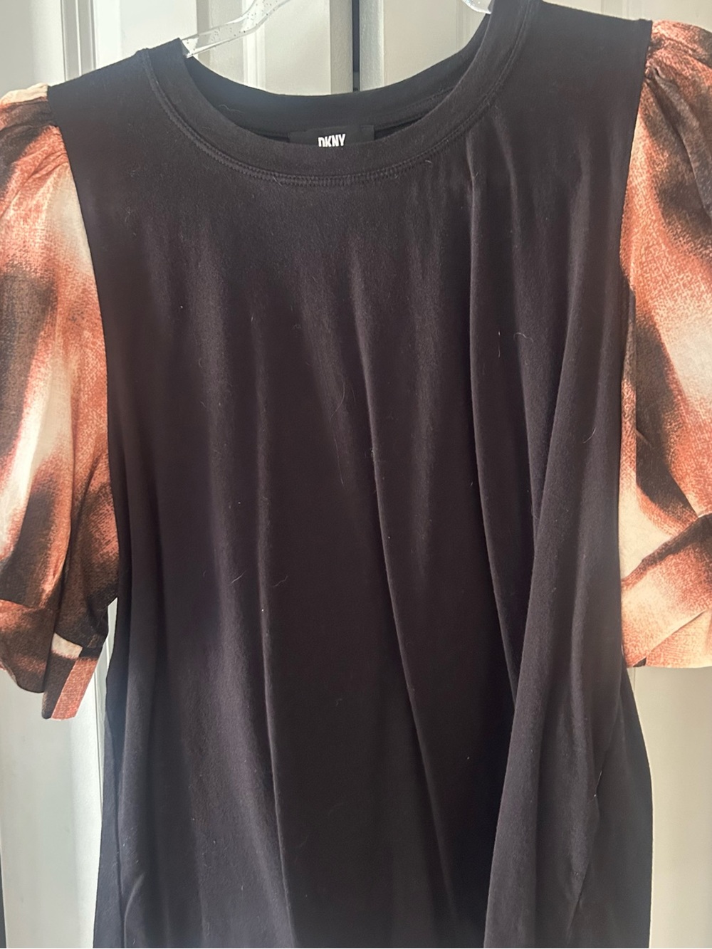 DKNY Black Tee with Rust-Tone Printed Puff Sleeves